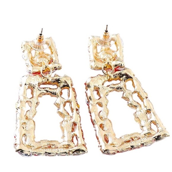 Red Earrings Geometric Square Rhinestone Crystal Dangle Drop Earrings - Picture 4 of 5